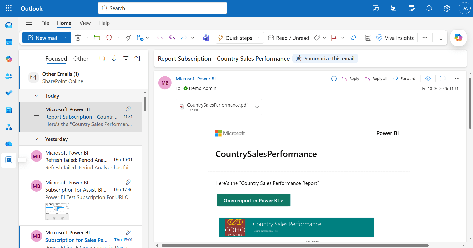 Power BI email subscription in Outlook